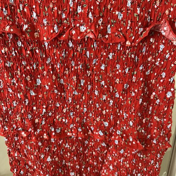Red Sundress Midi Bodycon One Shoulder Tiered Ruffle Floral Boho Womens Medium - Picture 9 of 9